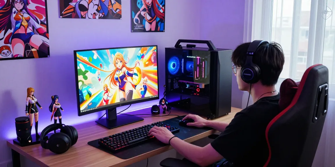 Engaging gamer playing hentai games in vibrant anime-themed room.