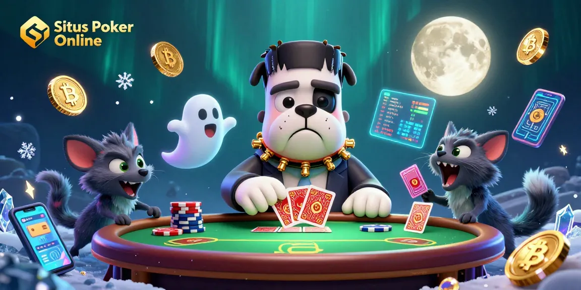 Situs Poker Online illustration with Frankenstein bulldog dealing cards, glowing cryptocurrency coins, and playful ghost mouse.