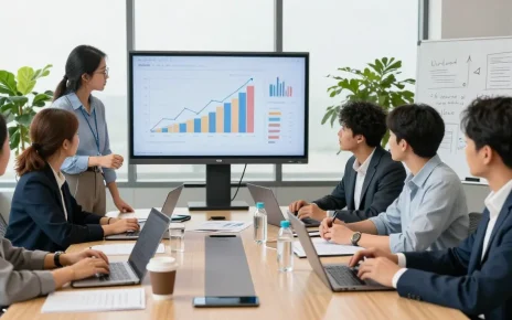 Réunion d'équipe dynamique pour le CIBC business avec graphiques financiers et documents.