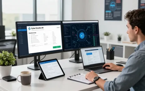 Cyber Essentials UK certification workspace with technician analyzing cybersecurity metrics on dual monitors and compliance tools.